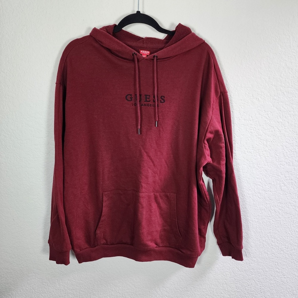Guess Los Angeles Hoodie Mens Large Burgundy Sweatshirt  Embroidered Logo